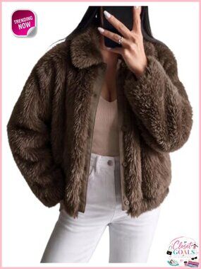 Faux Fur Cropped Button Down Collared Warm Winter Jacket Loose Fit
